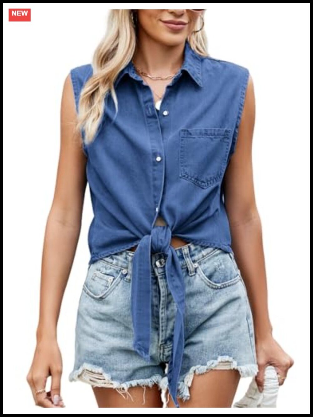 Perbai Womens Sleeveless Button Down Tie Front Denim Chambray Tank Top